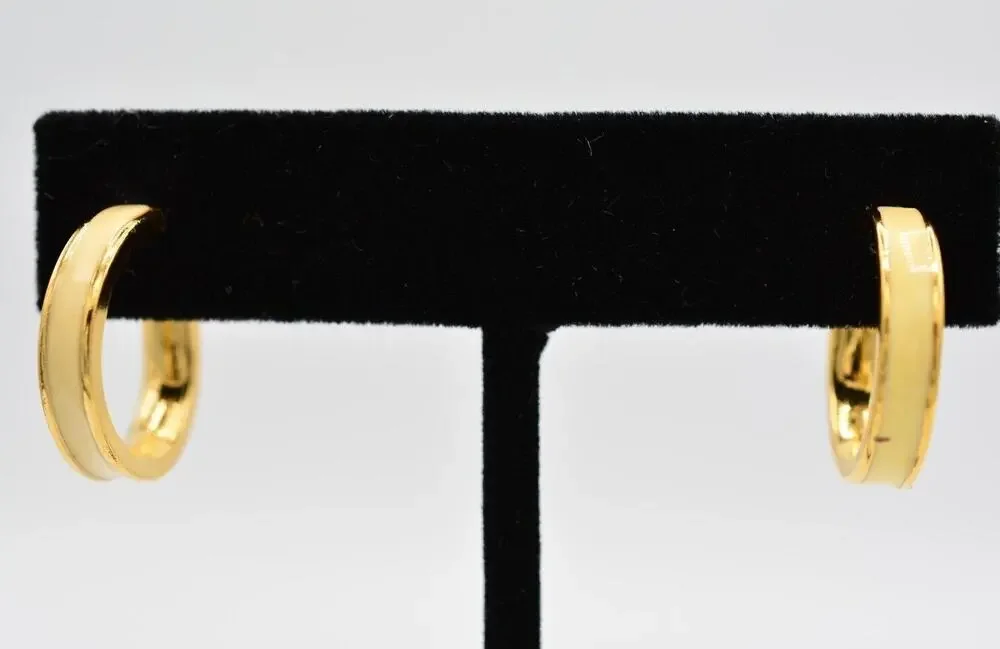 Crown Trifari Vintage Clip On Earrings Hoops Off White Enamel Gold Signed BinAB